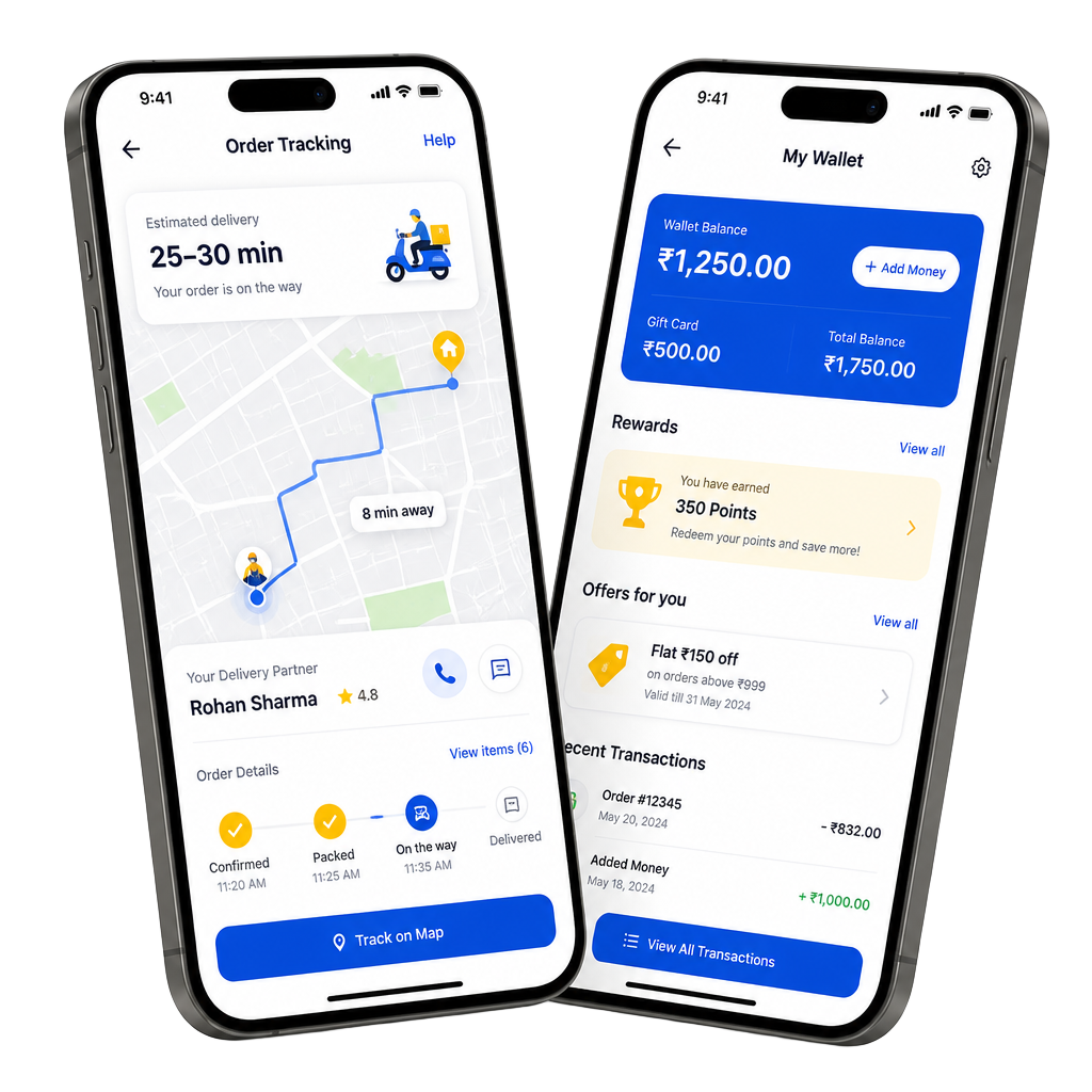 GateBuddy mobile app showing order tracking and wallet screens