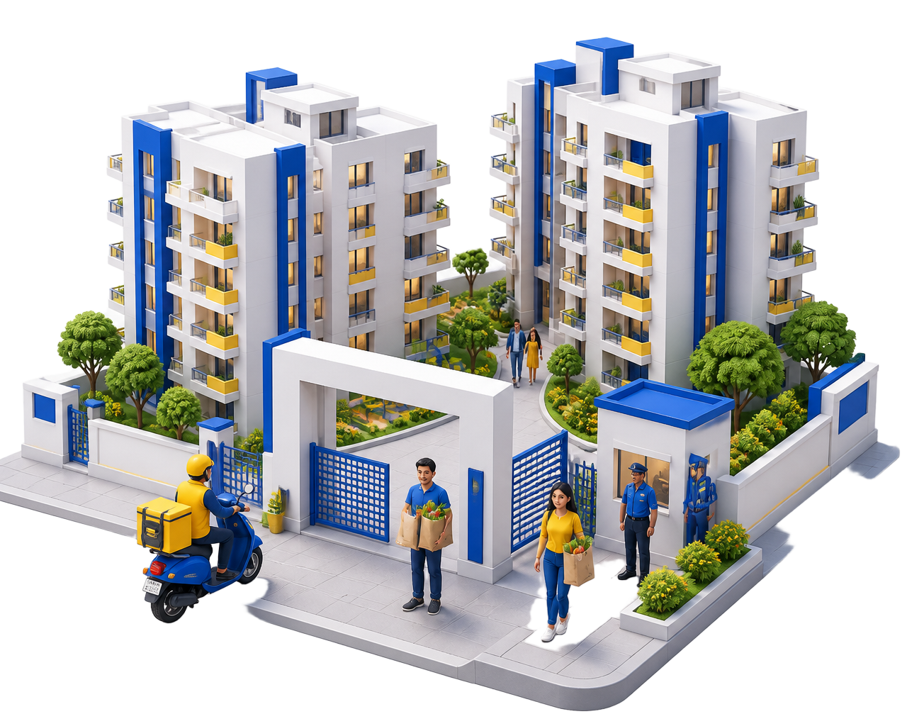 3D illustration of a gated society with residents and a delivery executive