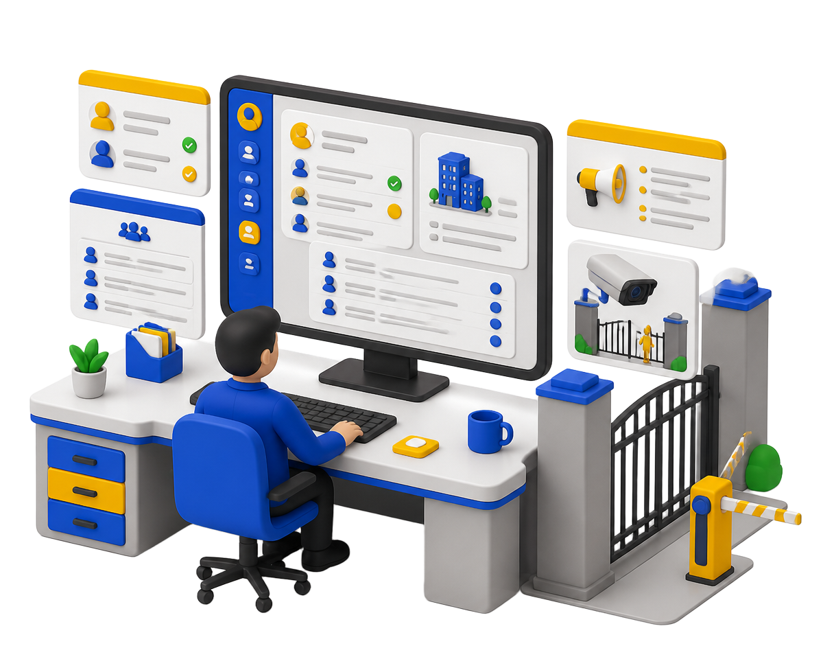 Illustration of a society admin managing vendors and residents